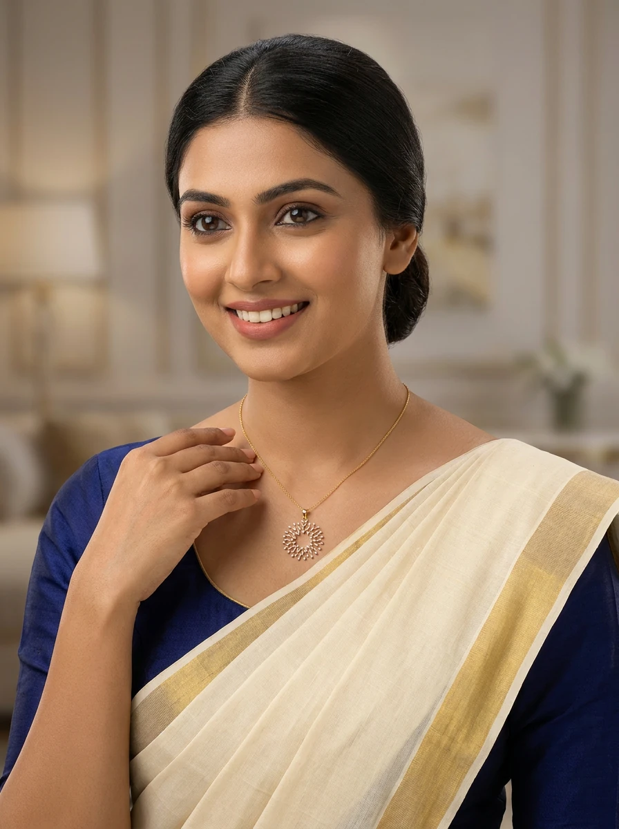 Model wearing a diamond pendant on a fine gold chain